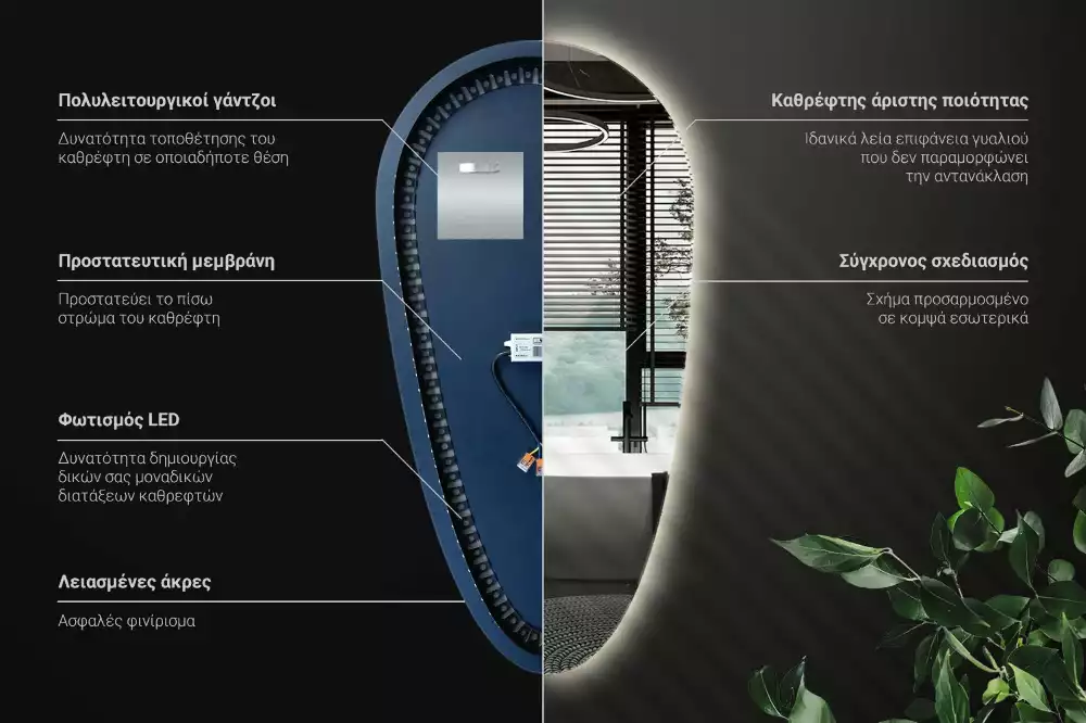 Miroir mural décoratif en forme de goutte avec éclairage LED