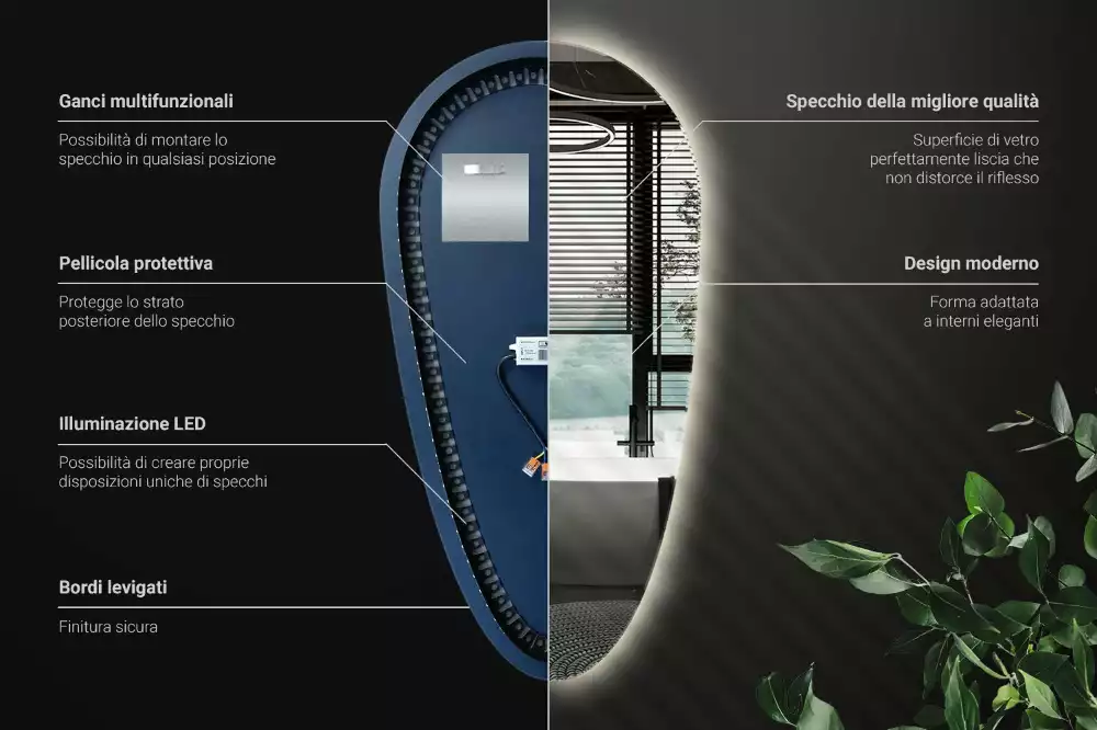 Miroir mural décoratif en forme de goutte avec éclairage LED