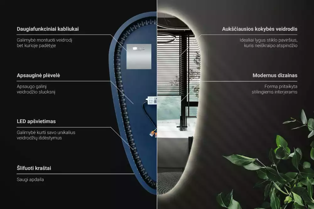 Miroir mural décoratif en forme de goutte avec éclairage LED