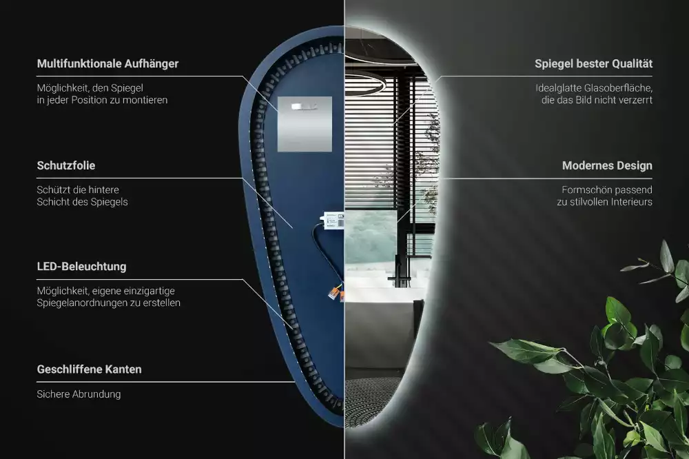 Miroir mural décoratif en forme de goutte avec éclairage LED