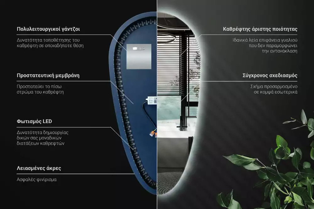 Miroir mural décoratif en forme de goutte avec éclairage LED