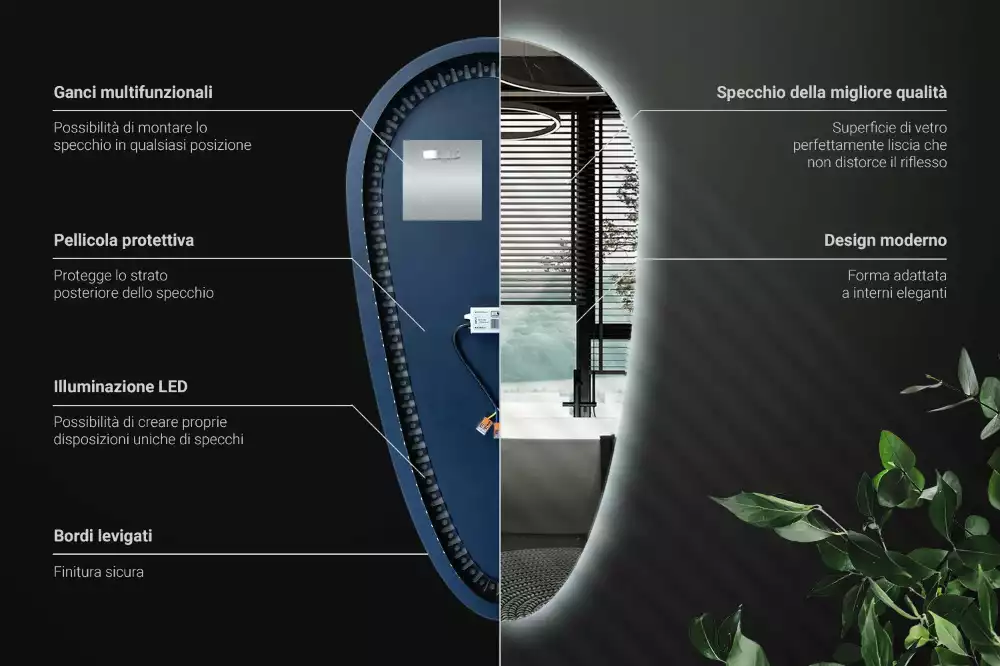 Miroir mural décoratif en forme de goutte avec éclairage LED