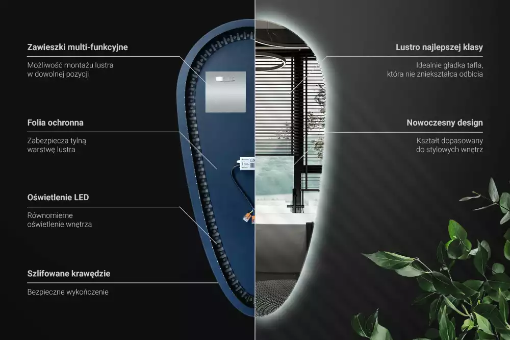 Miroir mural décoratif en forme de goutte avec éclairage LED