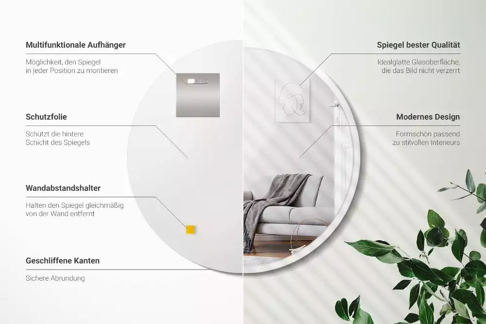 Miroir rond suspendu avec cadre blanc