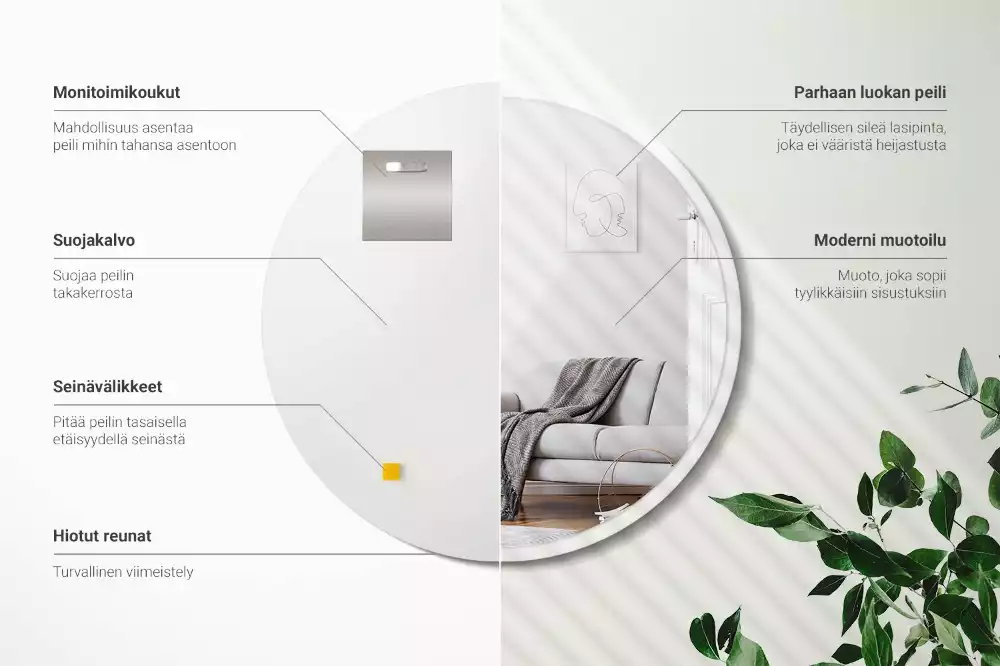 Miroir rond suspendu avec cadre blanc