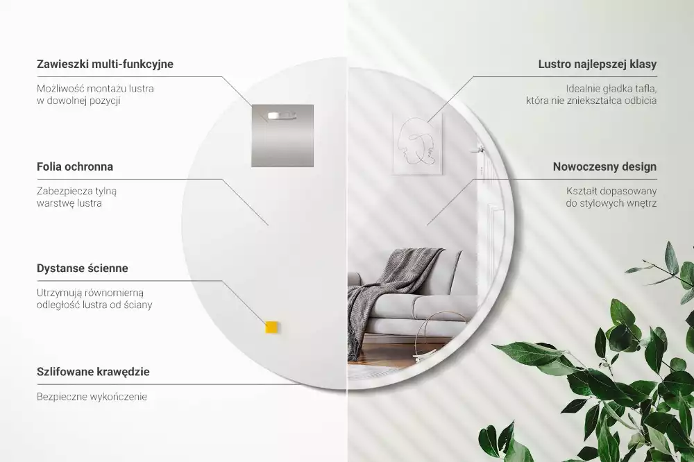 Miroir rond suspendu avec cadre blanc