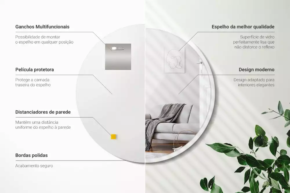 Miroir rond suspendu avec cadre blanc