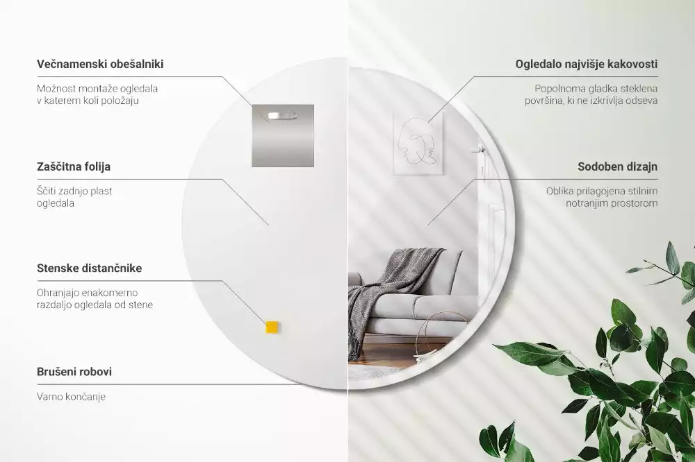 Miroir rond suspendu avec cadre blanc