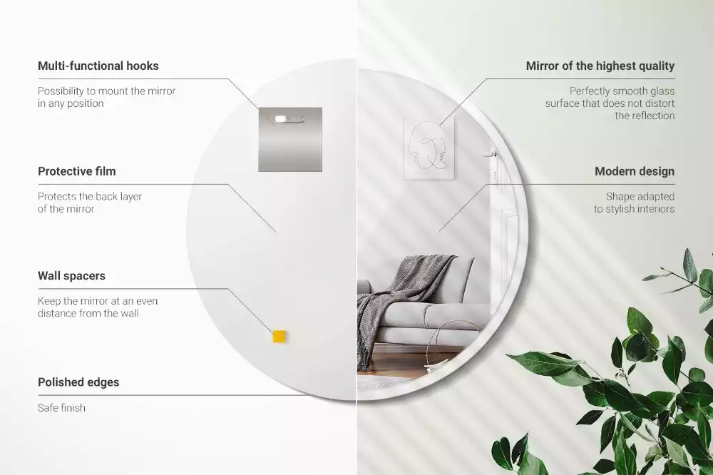 Miroir rond suspendu avec cadre blanc