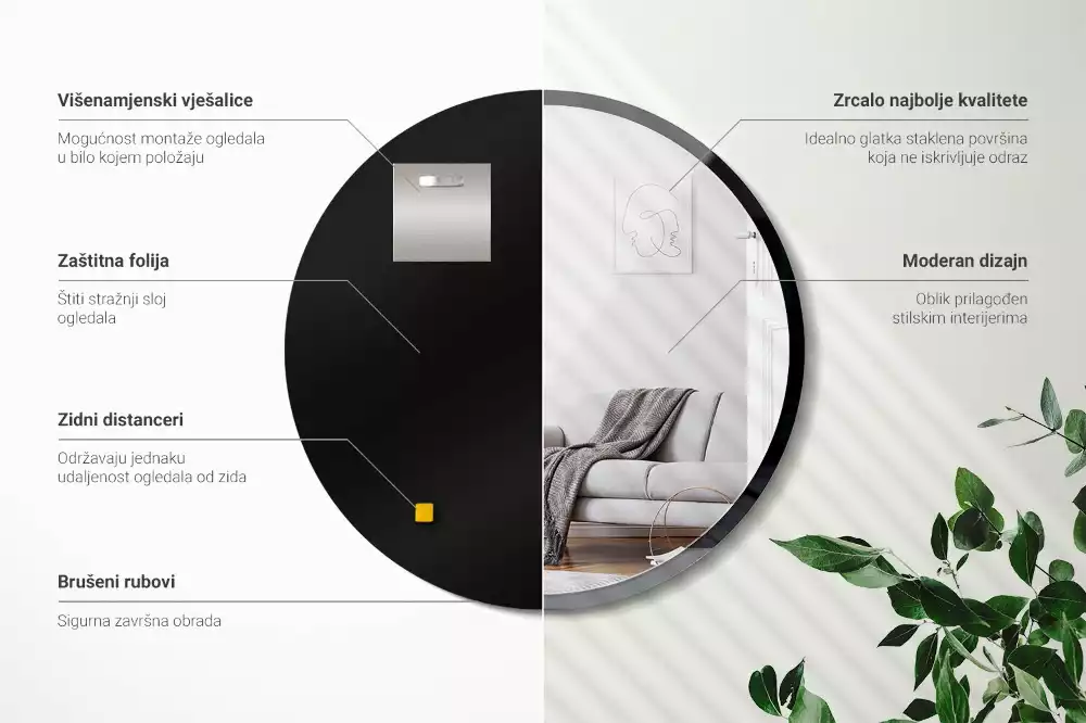Miroir rond suspendu avec cadre noir