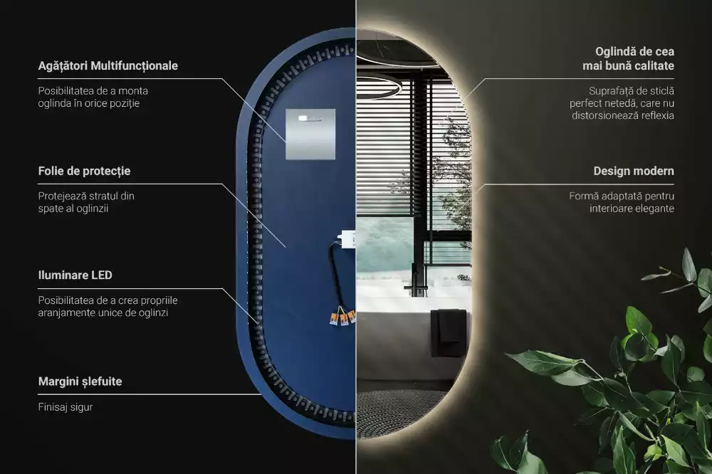 Miroir mural ovale sans cadre avec éclairage LED