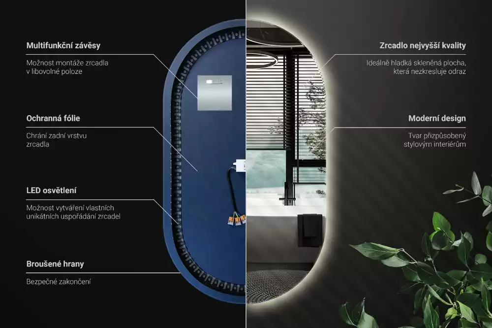 Miroir mural ovale sans cadre avec éclairage LED