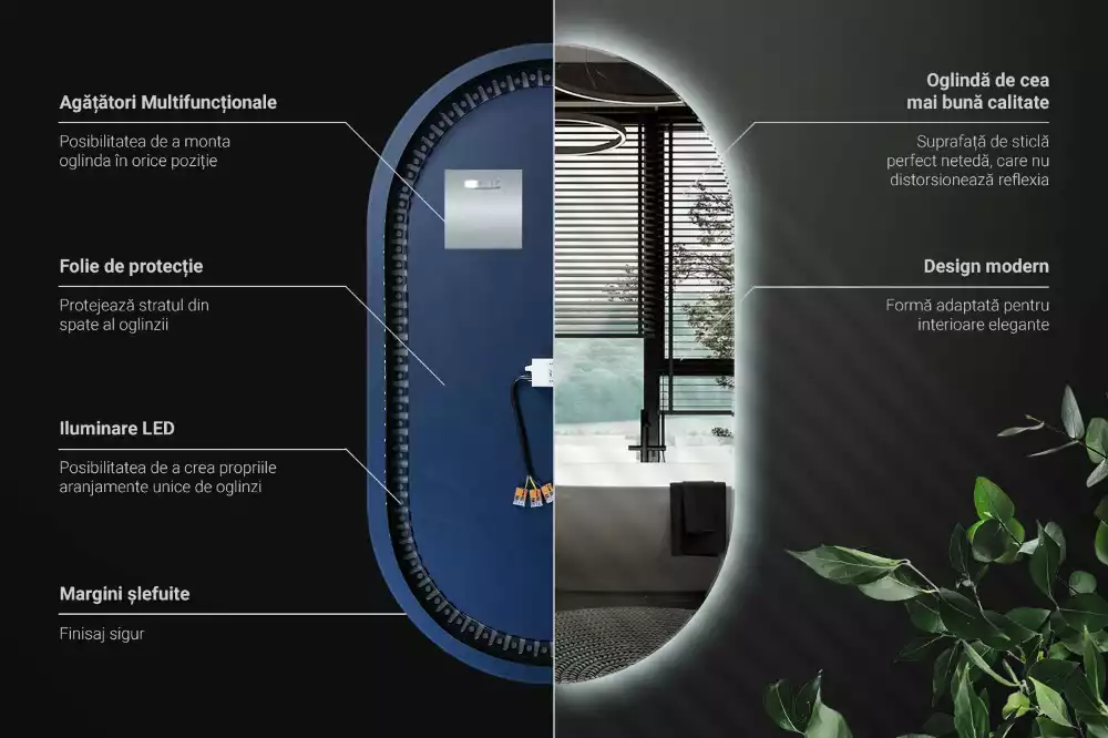 Miroir mural ovale sans cadre avec éclairage LED