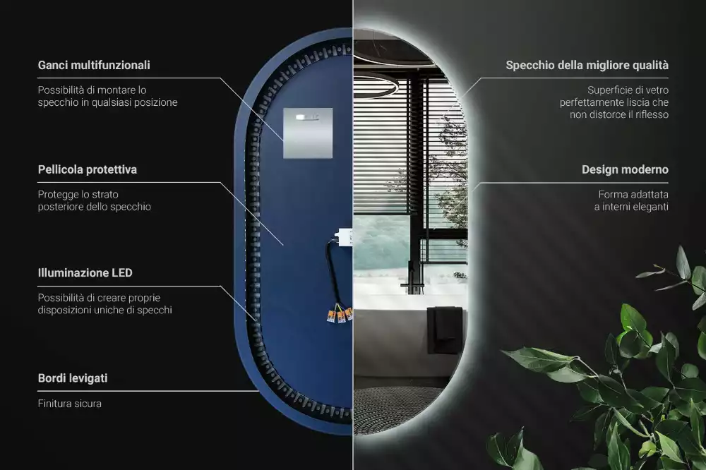 Miroir mural ovale sans cadre avec éclairage LED