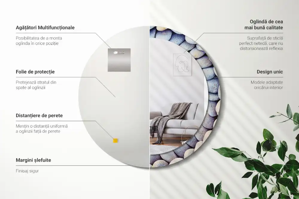 Miroir rond imprimé cercle de galets marins
