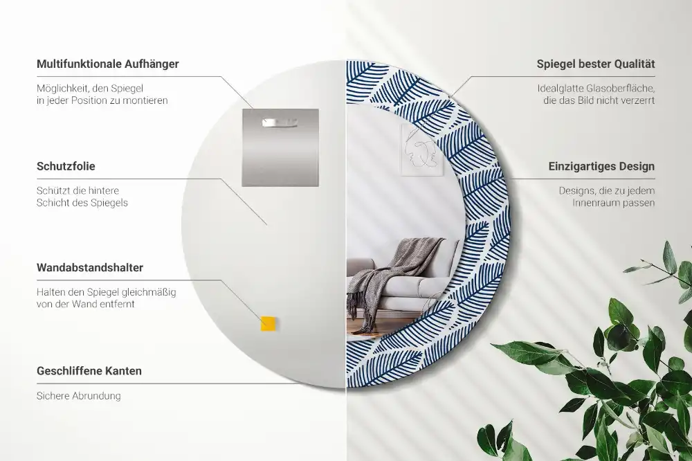 Miroir rond imprimé feuilles