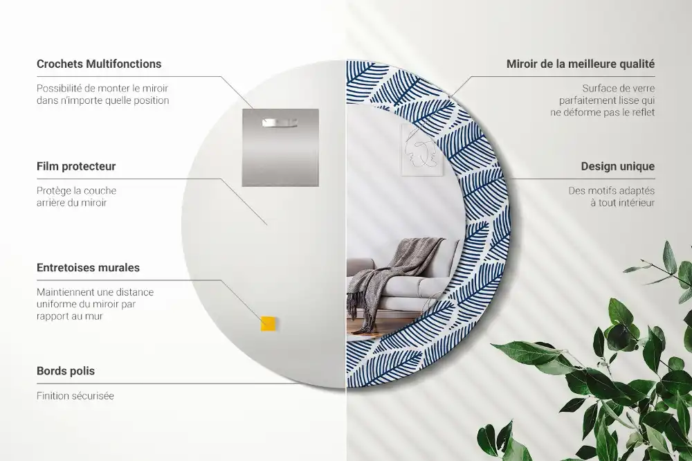 Miroir rond imprimé feuilles