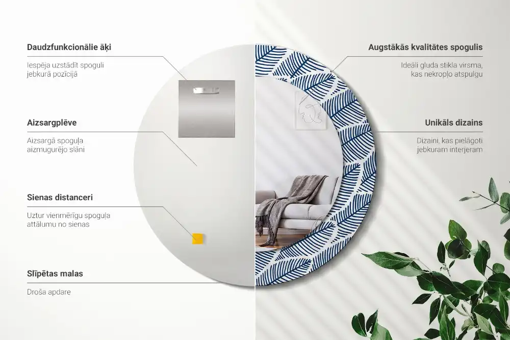 Miroir rond imprimé feuilles