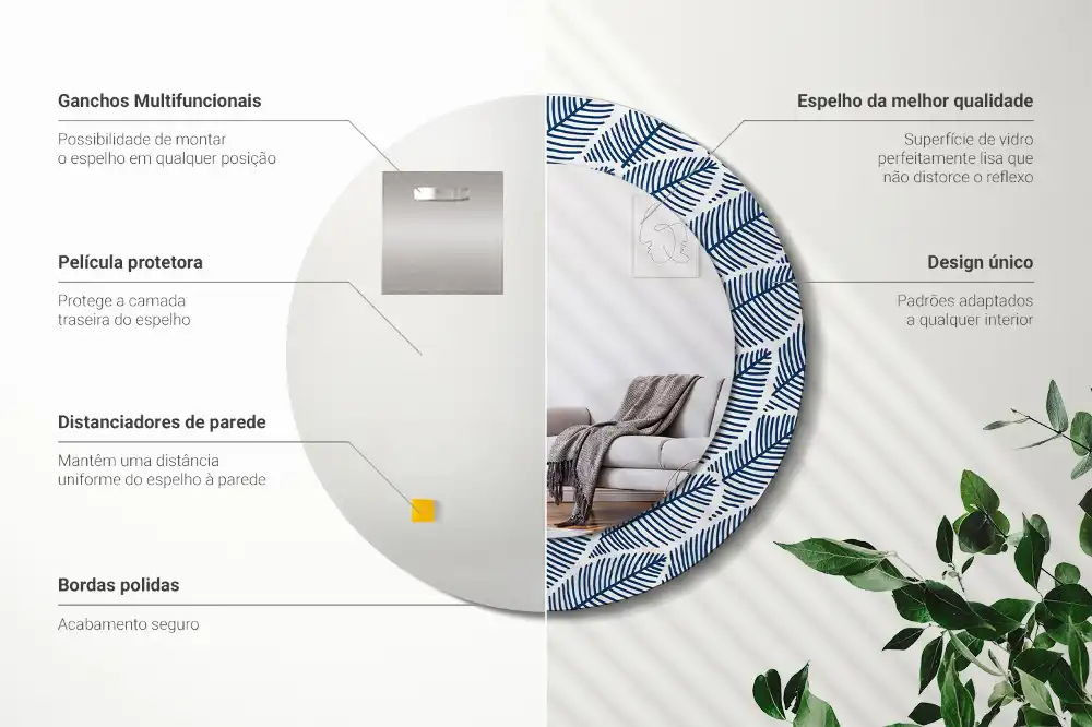 Miroir rond imprimé feuilles