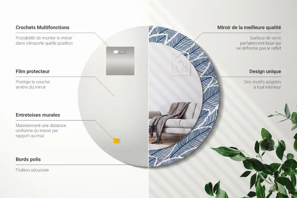 Miroir rond imprimé feuilles