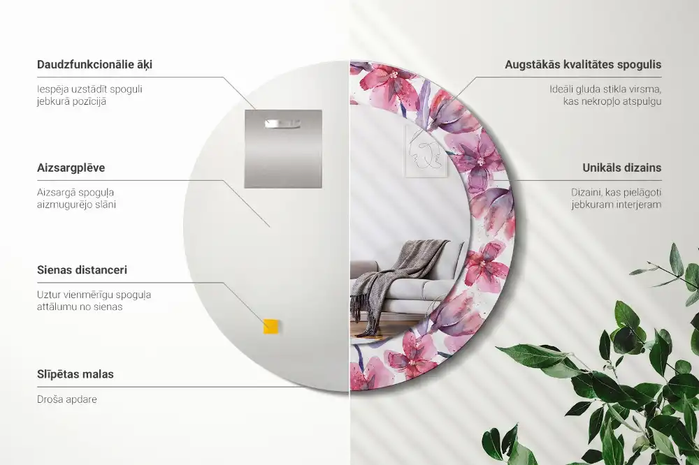Miroir rond imprimé fleurs à l'aquarelle