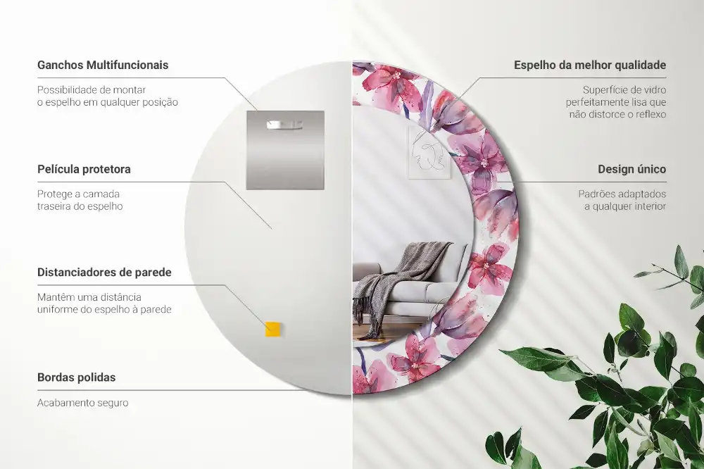 Miroir rond imprimé fleurs à l'aquarelle