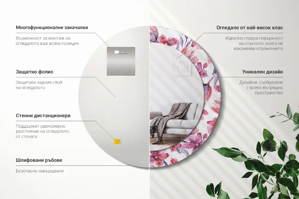 Miroir rond imprimé fleurs à l'aquarelle