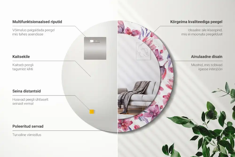 Miroir rond imprimé fleurs à l'aquarelle