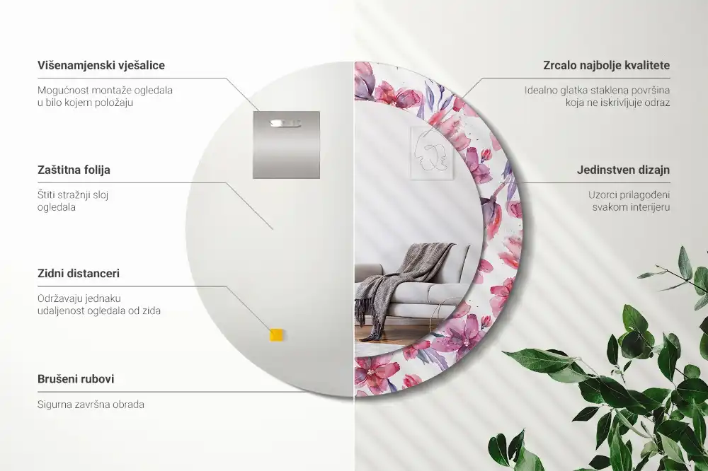 Miroir rond imprimé fleurs à l'aquarelle