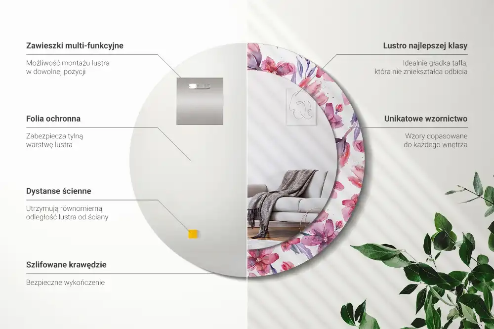 Miroir rond imprimé fleurs à l'aquarelle