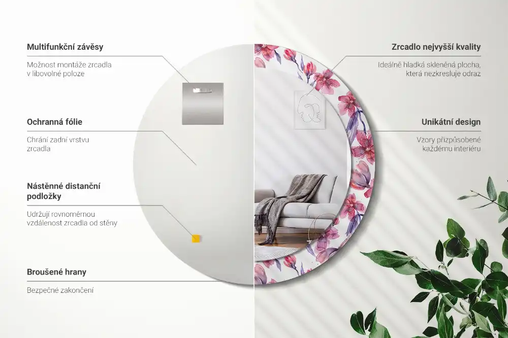 Miroir rond imprimé fleurs à l'aquarelle