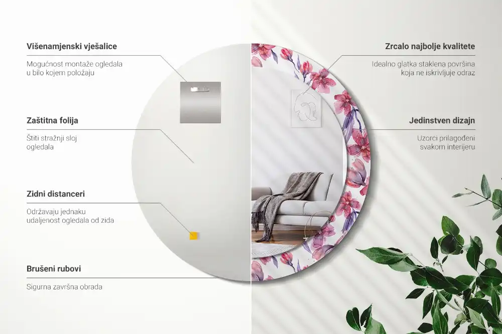 Miroir rond imprimé fleurs à l'aquarelle