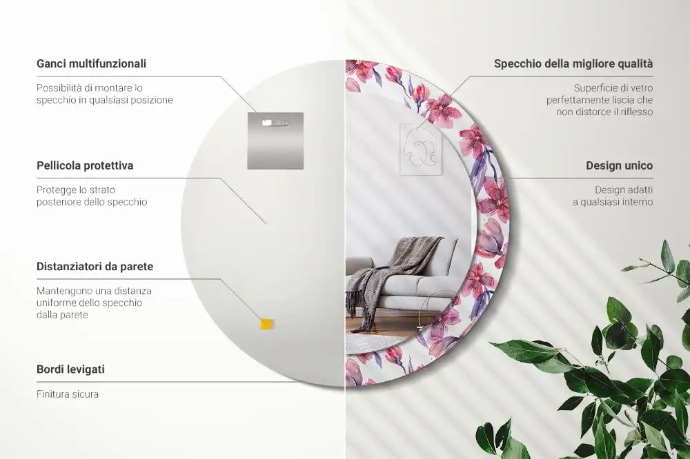 Miroir rond imprimé fleurs à l'aquarelle