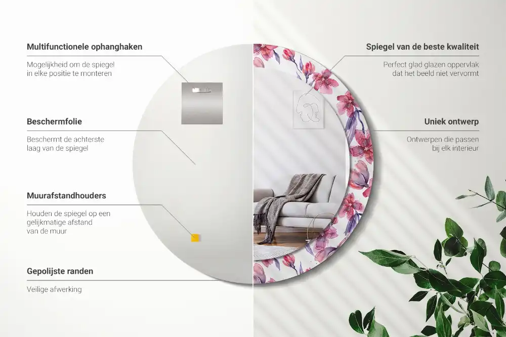 Miroir rond imprimé fleurs à l'aquarelle