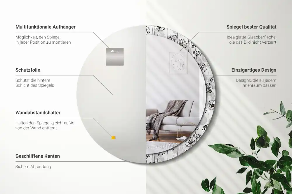 Miroir rond avec décoration fleurs de pavot