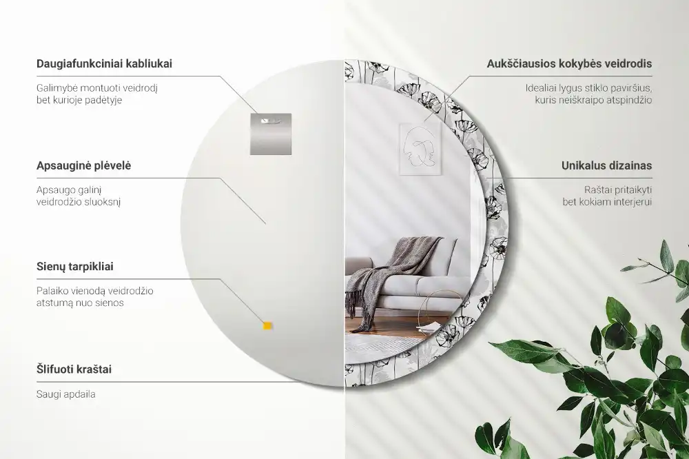 Miroir rond avec décoration fleurs de pavot
