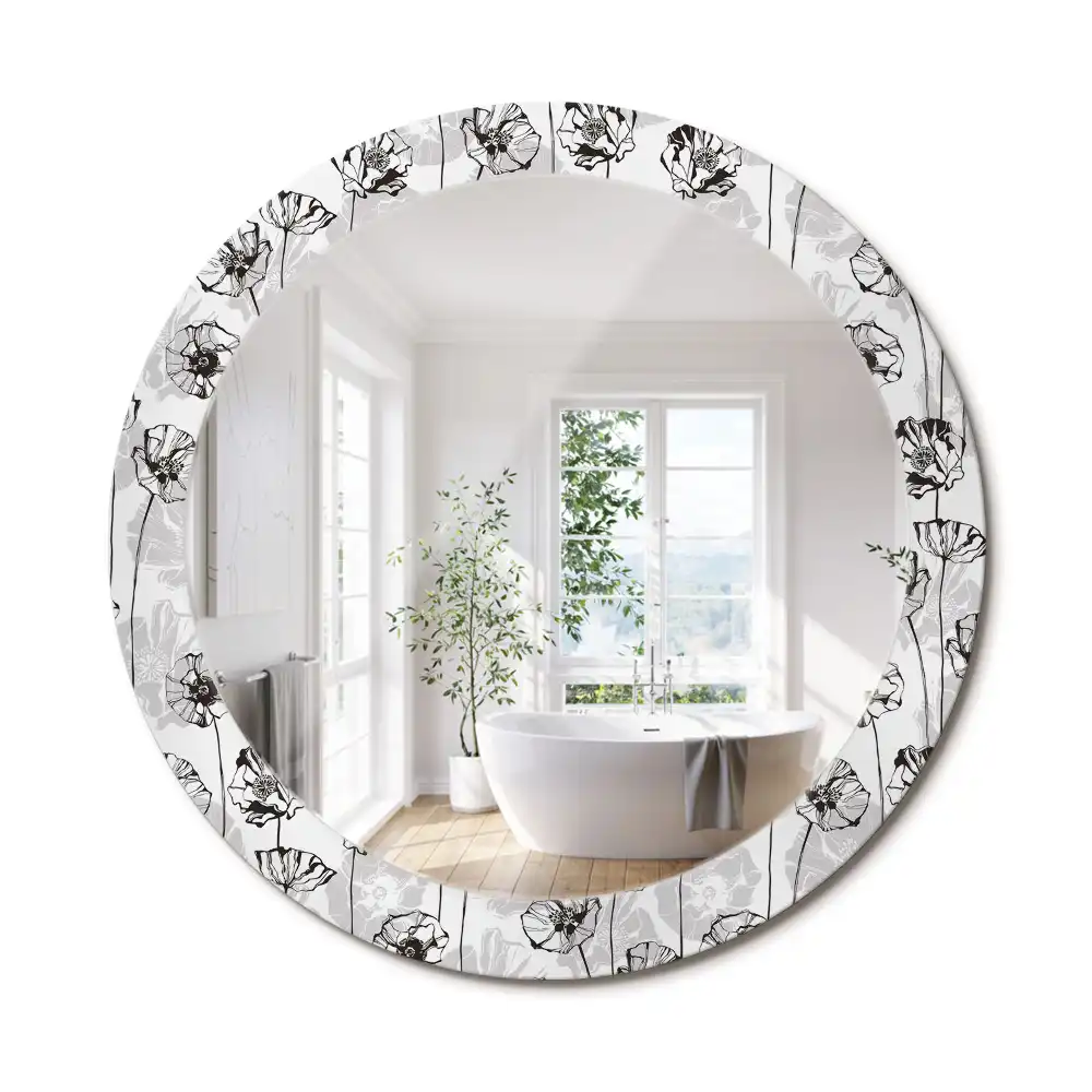 Miroir rond avec décoration fleurs de pavot