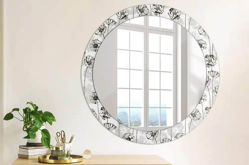 Miroir rond avec décoration fleurs de pavot