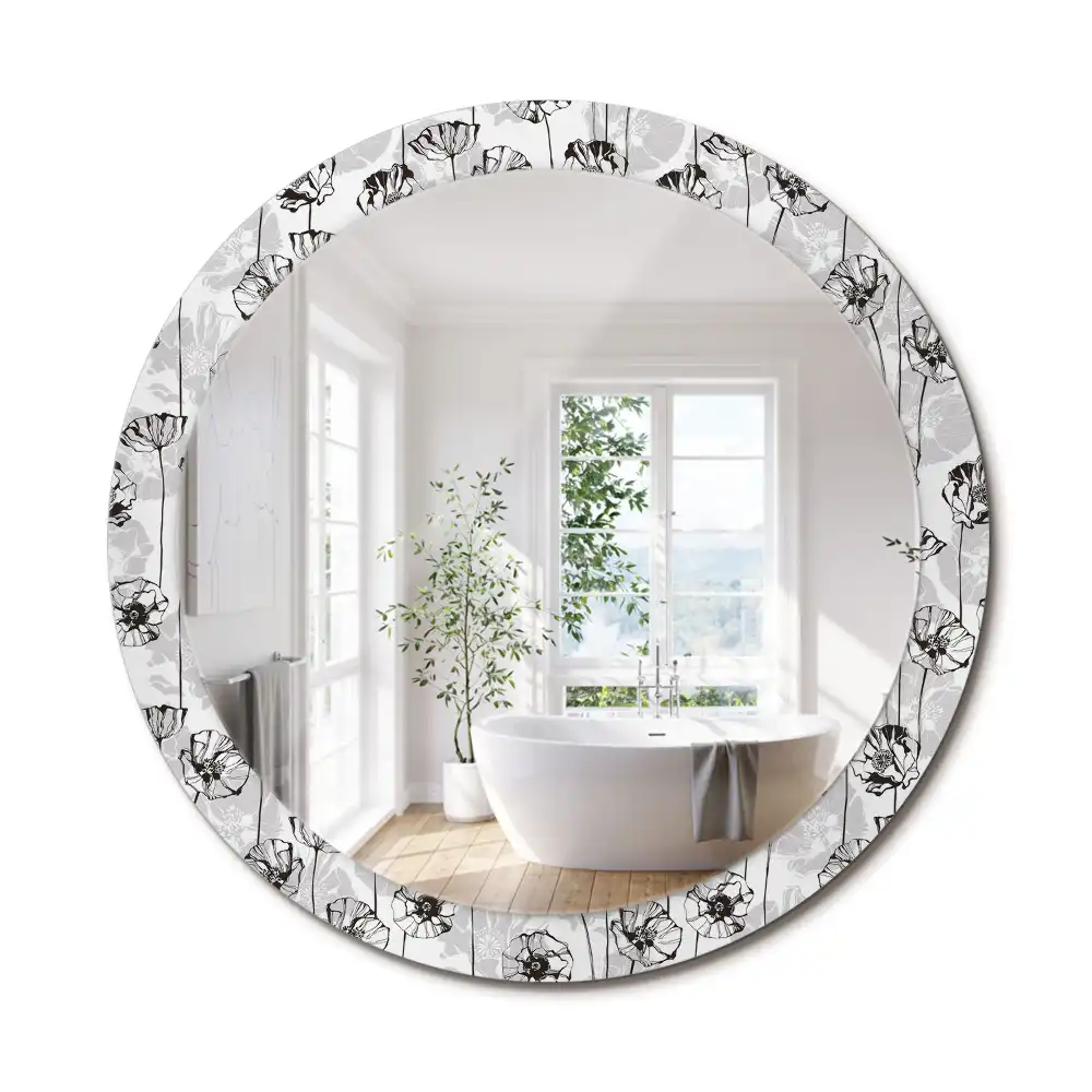 Miroir rond avec décoration fleurs de pavot
