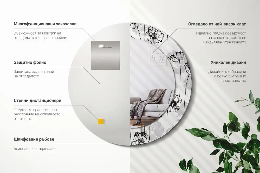 Miroir rond avec décoration fleurs de pavot