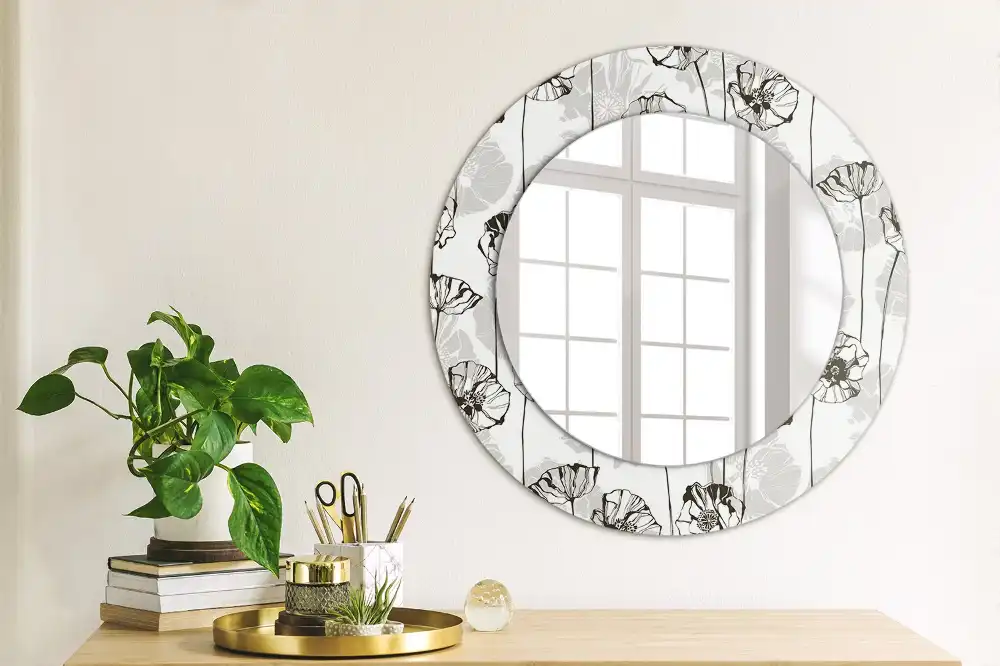 Miroir rond avec décoration fleurs de pavot