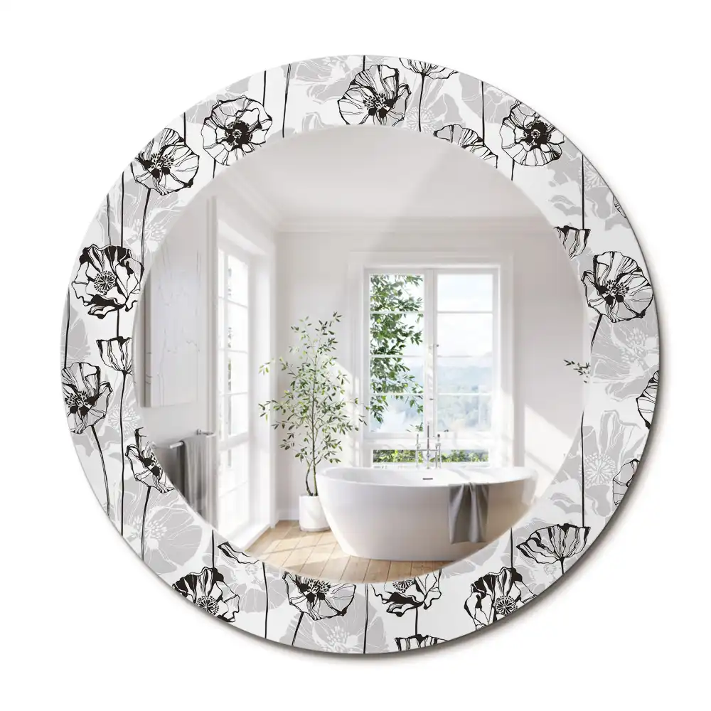 Miroir rond avec décoration fleurs de pavot