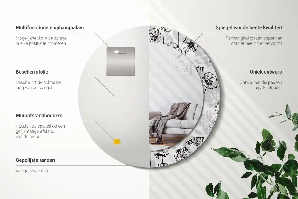 Miroir rond avec décoration fleurs de pavot