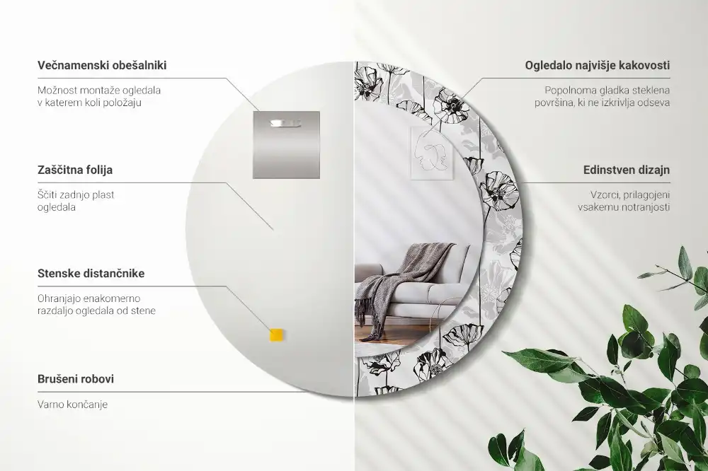 Miroir rond avec décoration fleurs de pavot