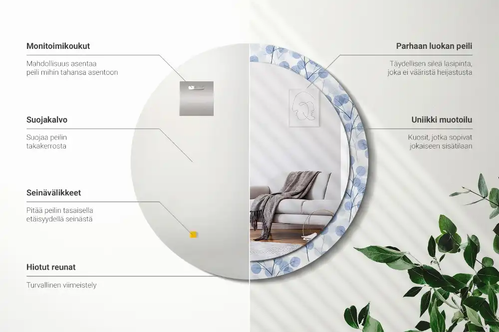 Miroir rond imprimé branches avec feuilles