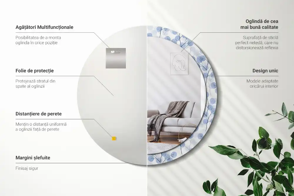Miroir rond imprimé branches avec feuilles