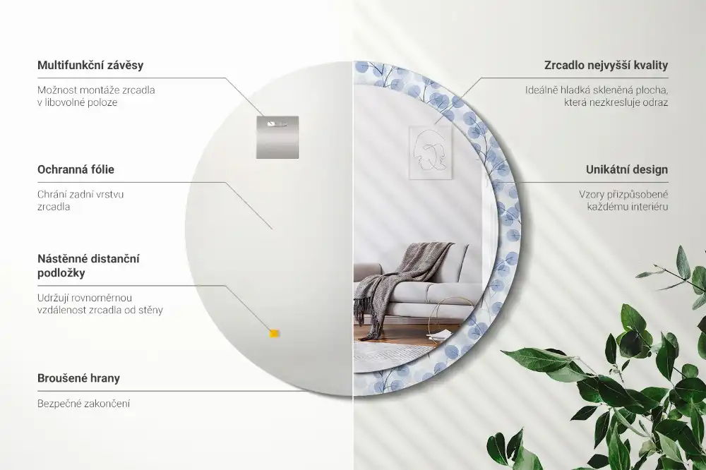 Miroir rond imprimé branches avec feuilles
