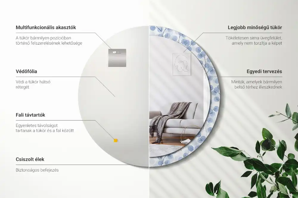 Miroir rond imprimé branches avec feuilles