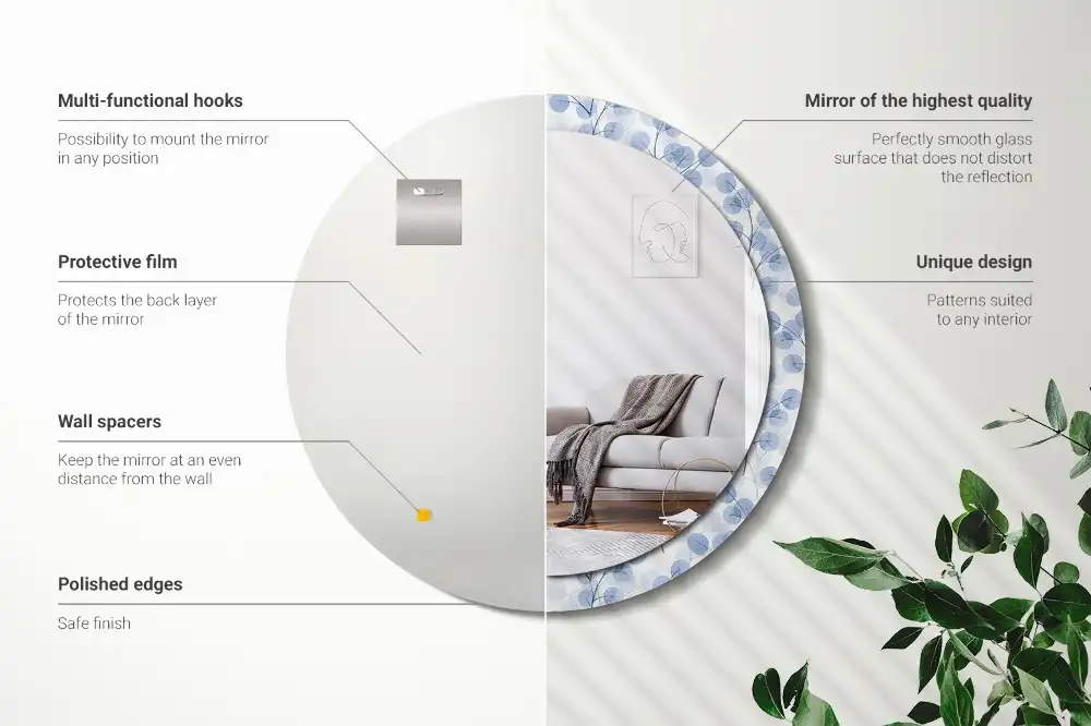 Miroir rond imprimé branches avec feuilles