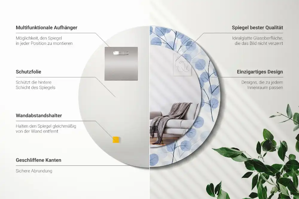 Miroir rond imprimé branches avec feuilles